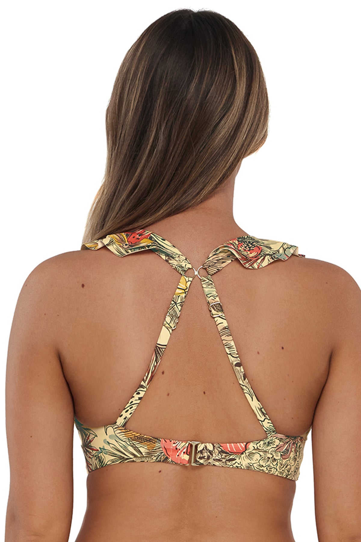 Back pose #2 of Taylor wearing Sunsets Island Spice Willa Wireless Top showing crossback straps