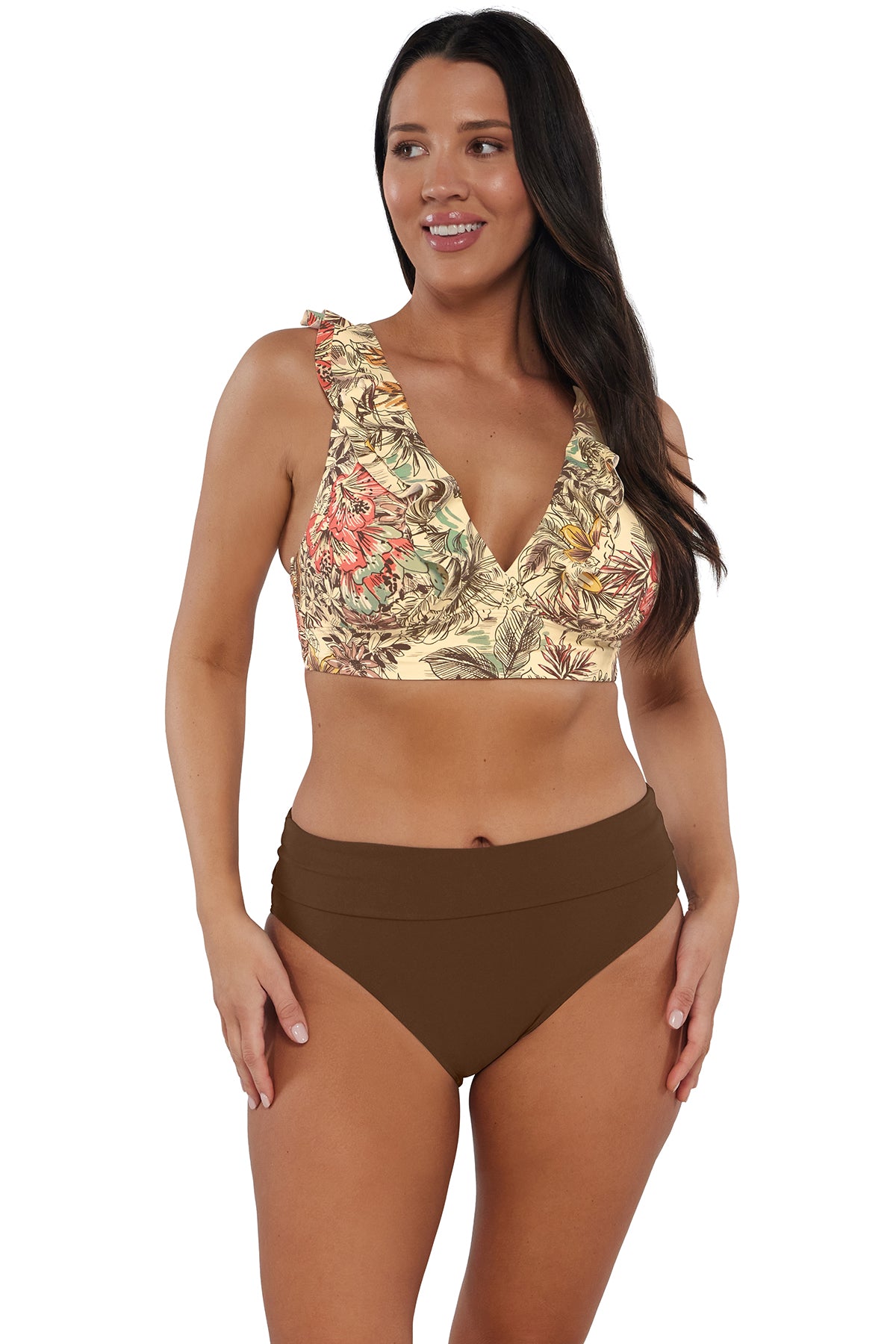 Active pose #1 of Nicki wearing Sunsets Tiki Brown Hannah High Waist Bottom showing folded waist paired with matching