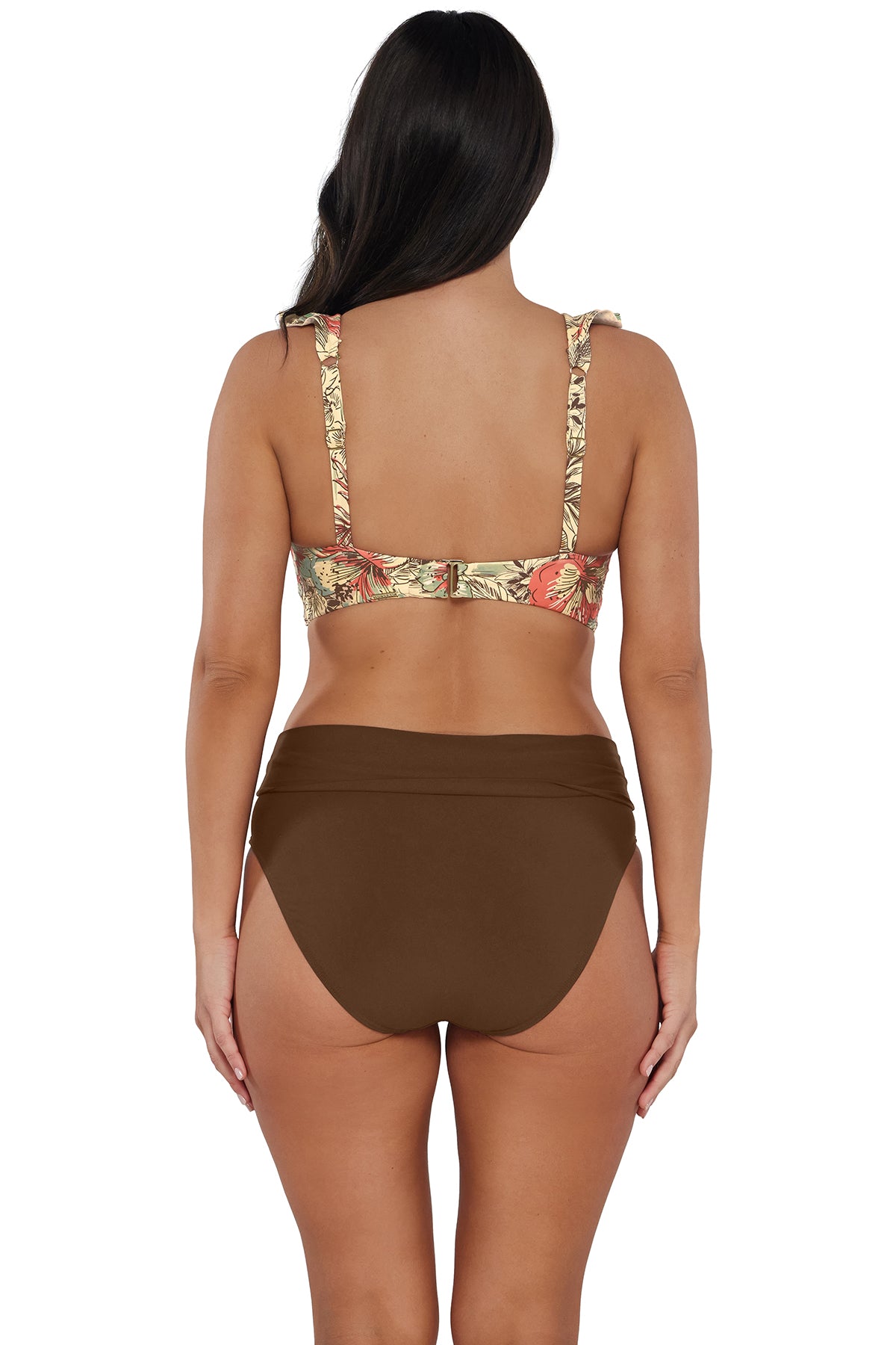 pose #1 of Nicki wearing Sunsets Tiki Brown Hannah High Waist Bottom