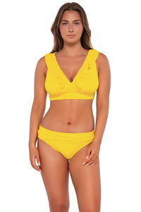 Front pose #1 of Taylor wearing Sunsets Lemon Zest Sandbar Rib Unforgettable Bottom with matching Willa Wireless bikini top