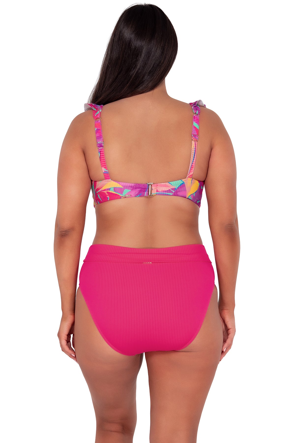 Back pose #1 of Nicki wearing Sunsets Oasis Sandbar Rib Willa Wireless Top paired with Hannah High Waist bikini bottom showing folded waist