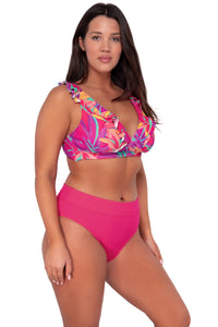 Side pose #1 of Nicki wearing Sunsets Oasis Sandbar Rib Willa Wireless Top paired with Hannah High Waist bikini bottom showing folded waist