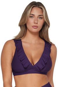 Front pose #2 of Taylor wearing Sunsets Paradise Plum Willa Wireless Top