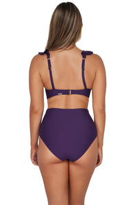 Back pose #1 of Taylor wearing Sunsets Paradise Plum Capri High Waist Bottom paired with matching Willa Wireless Bikini Top