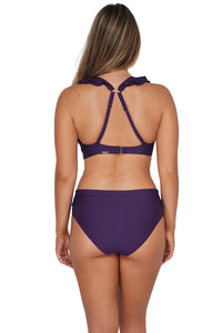 Back pose #1 of Taylor wearing Sunsets Paradise Plum Willa Wireless Top showing crossback straps paired with matching Hannah High Waist Bottom showing folded  waist