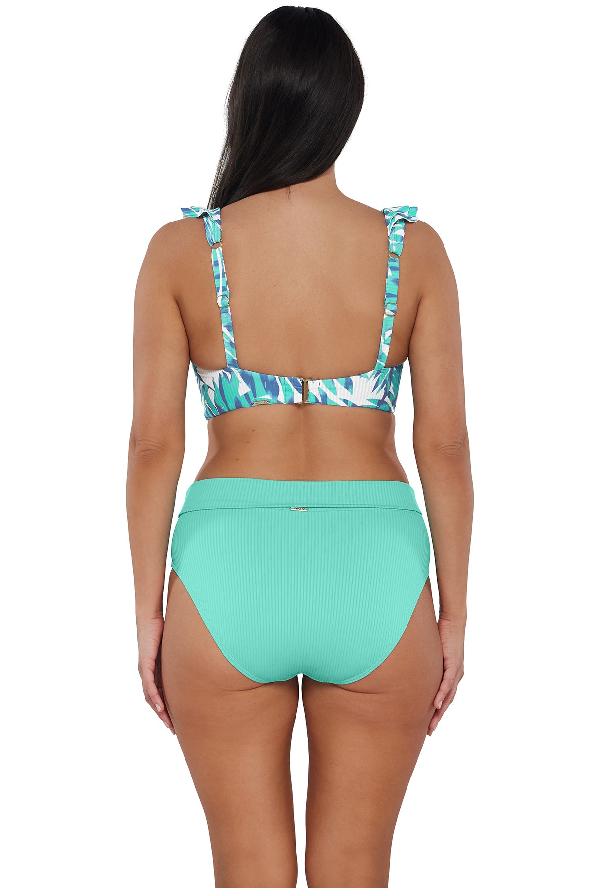 Back pose #1 of Nicki wearing Sunsets Sea Breeze Sandbar Rib Willa Wireless Top