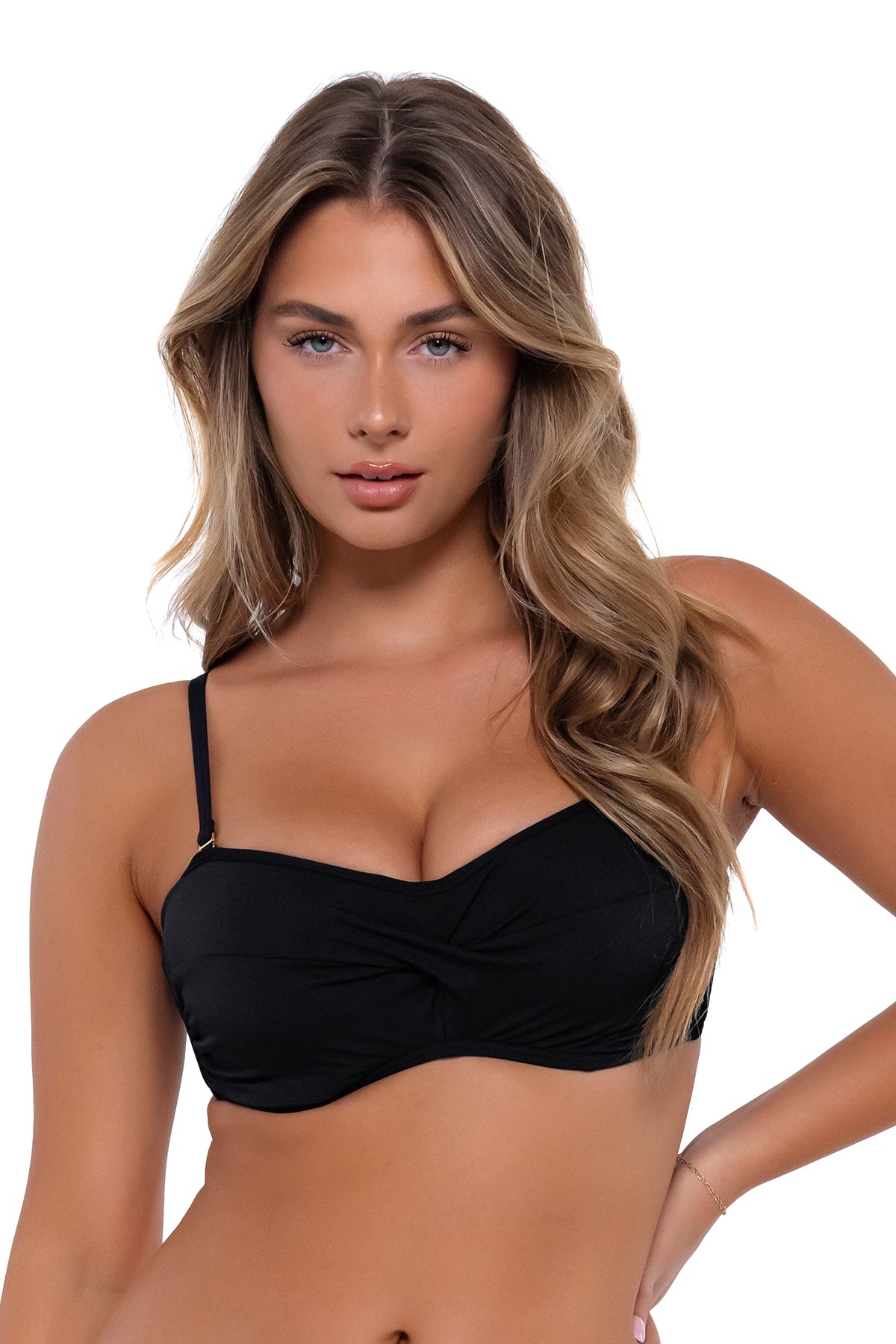 Front pose #1 of Taylor wearing Sunsets Black Iconic Twist Bandeau Top