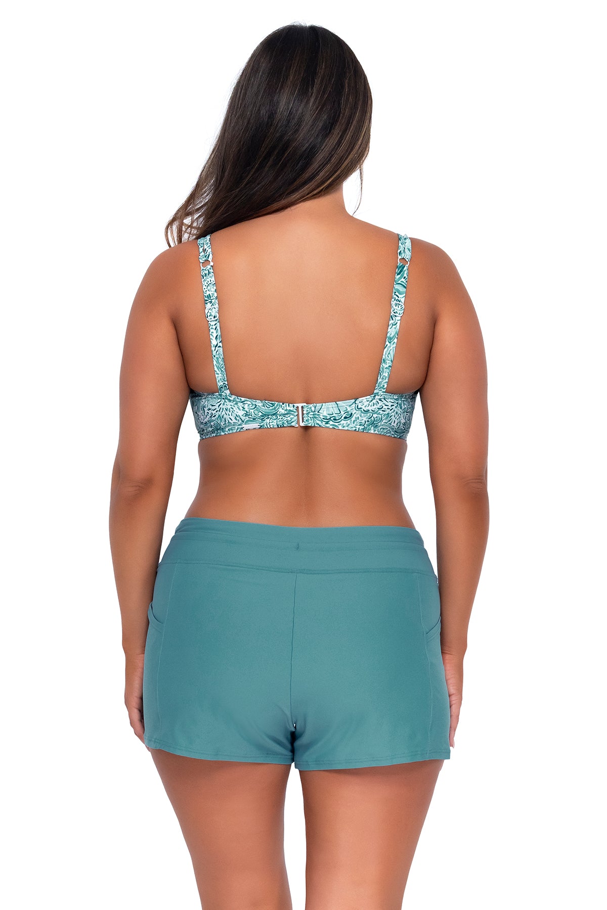 Back pose #1 of Nicky wearing Sunsets By the Sea Taylor Bralette Top paired with Laguna Swim Short women's casual wear