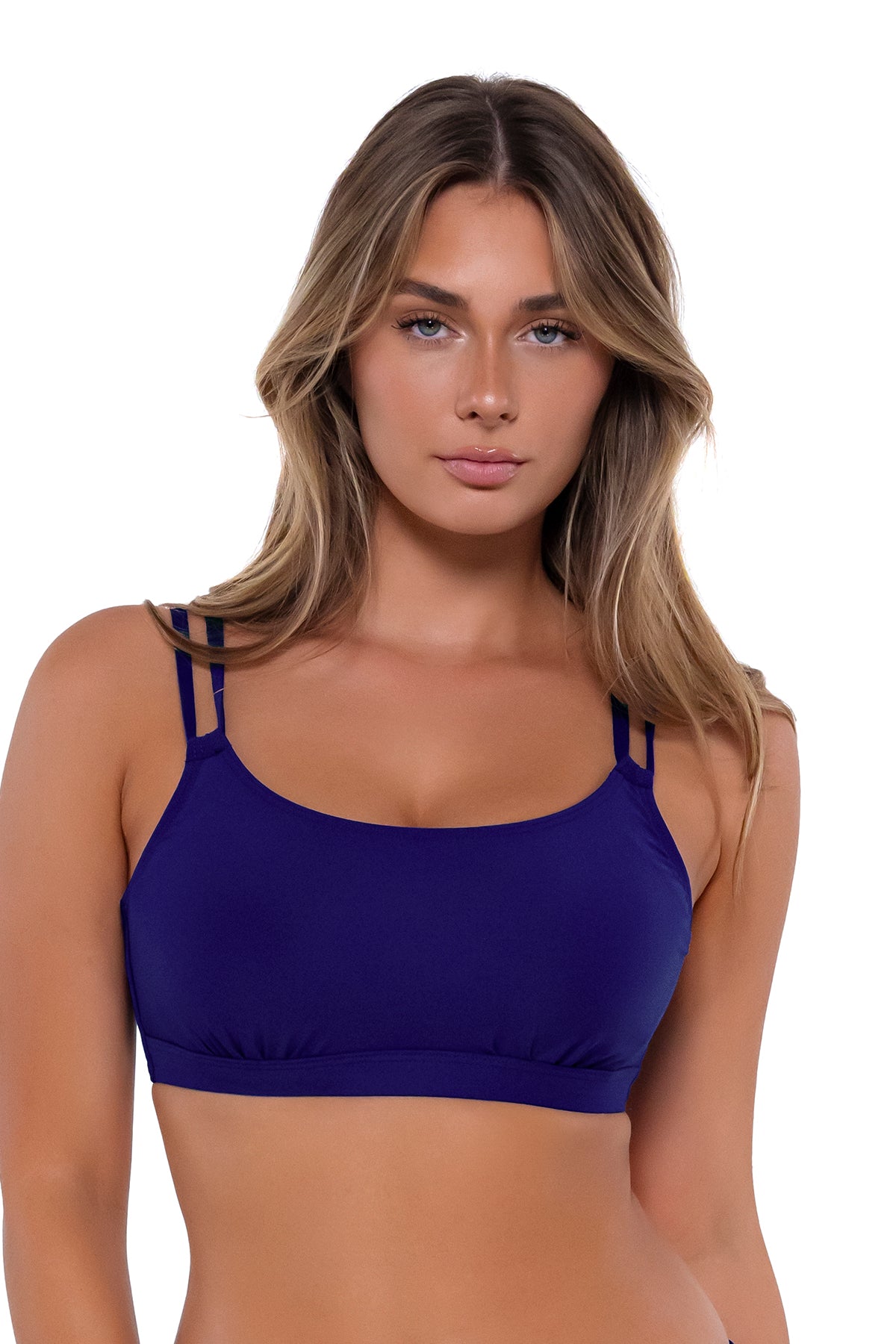 Front pose #3 of Taylor wearing Sunsets Indigo Taylor Bralette Top