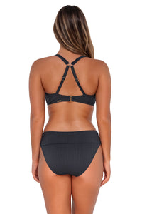 Back pose #1 of Taylor wearing Sunsets Slate Seagrass Texture Hannah High Waist Bottom showing folded waist with matching Taylor Bralette bikini top showing crossback straps