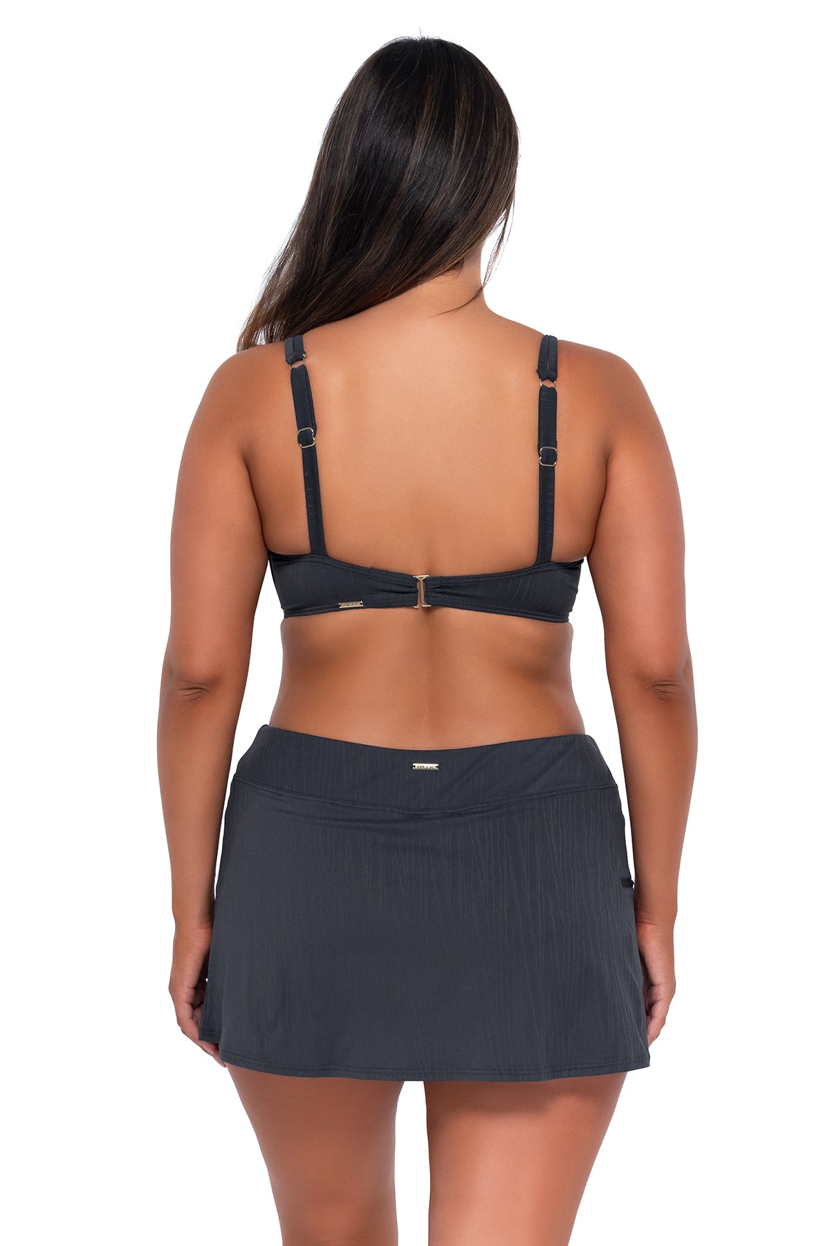 Back pose #1 of Nicky wearing Sunsets Slate Seagrass Texture Sporty Swim Skirt with matching Taylor Bralette bikini top