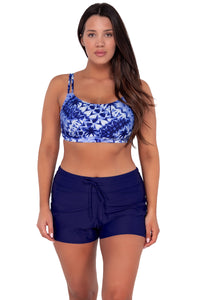 Front pose #1 of Nicki wearing Sunsets Tulum Taylor Bralette Top paired with Laguna Swim Short women's casual wear
