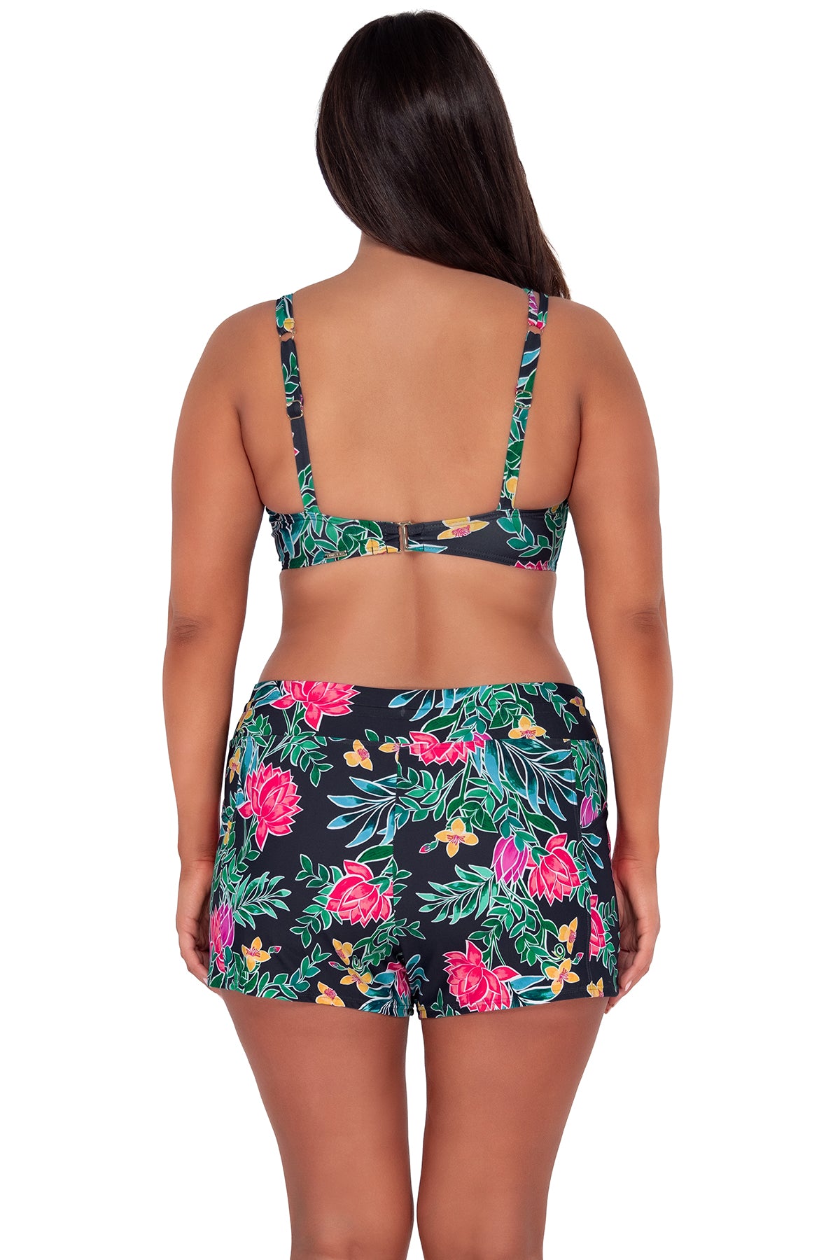 Back pose #1 of Nicki wearing Sunsets Twilight Blooms Taylor Bralette Top paired with Laguna Swim Short women's casual wear