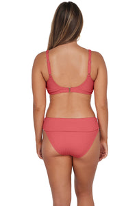 Back pose #1 of Taylor wearing Pacifica Hibiscus Tea Hannah High Waist Bottom showing folded waist paired with matching Oceana Bikini Top