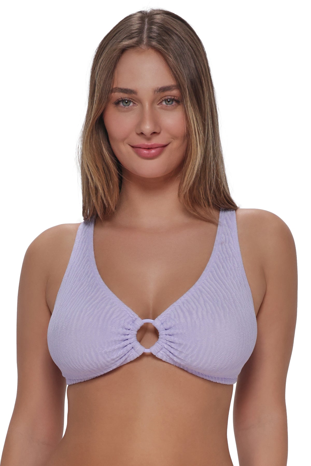 Front pose #1 of Taylor wearing Pacifica by Sunsets Lilac Scrunch Oceana Top