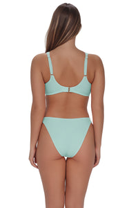 Back pose #1 of Taylor wearing Pacifica by Sunsets Mint Scrunch Oceana Top