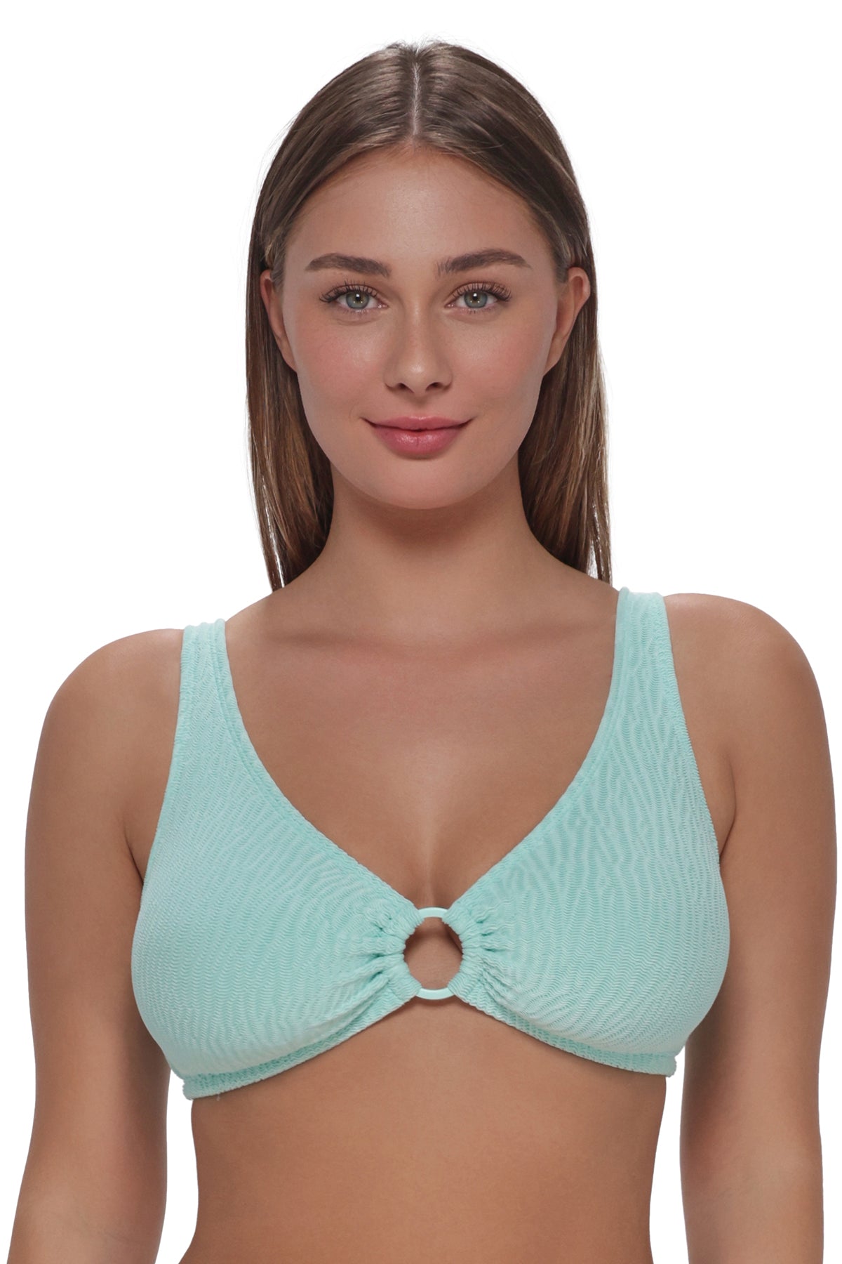Front pose #1 of Taylor wearing Pacifica by Sunsets Mint Scrunch Oceana Top