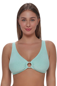 Front pose #1 of Taylor wearing Pacifica by Sunsets Mint Scrunch Oceana Top