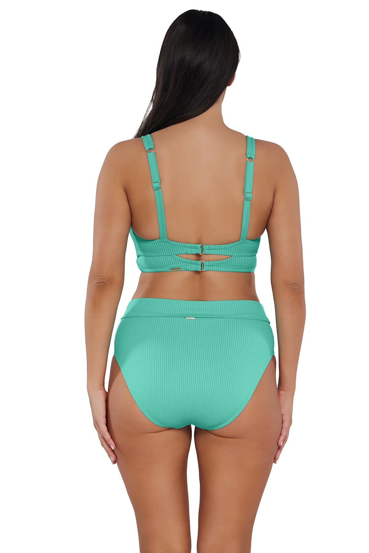 Back pose #1 of Nicki wearing Sunsets Aqua Mist Sandbar Rib Danica Top