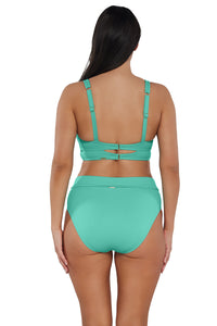 Back pose #1 of Nicki wearing Sunsets Aqua Mist Sandbar Rib Danica Top