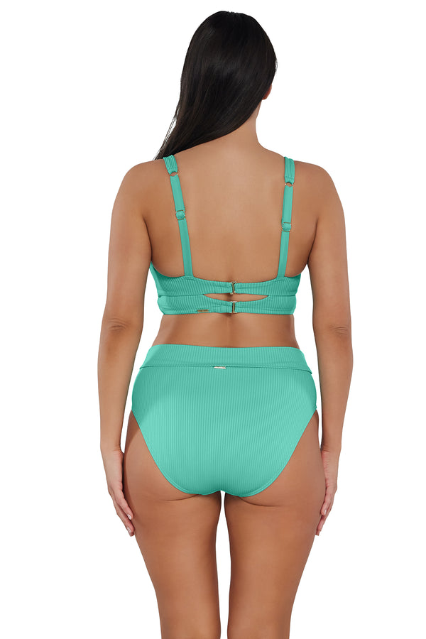 Back pose #1 of Nicki wearing Sunsets Aqua Mist Sandbar Rib Danica Top paired with matching Bikini Bottom