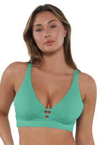 Front pose #3 of Taylor wearing Sunsets Aqua Mist Sandbar Rib Danica Top