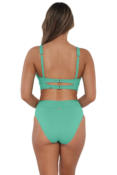 Back pose #1 of Taylor wearing Sunsets Aqua Mist Sandbar Rib Annie High Waist Bottom paired with matching Bikini Top
