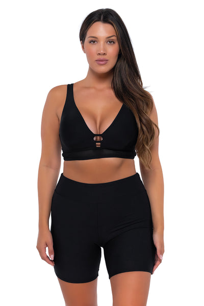 Front pose #1 of Nicky wearing Sunsets Black Danica Top with matching Bayside Bike Short swim bottom
