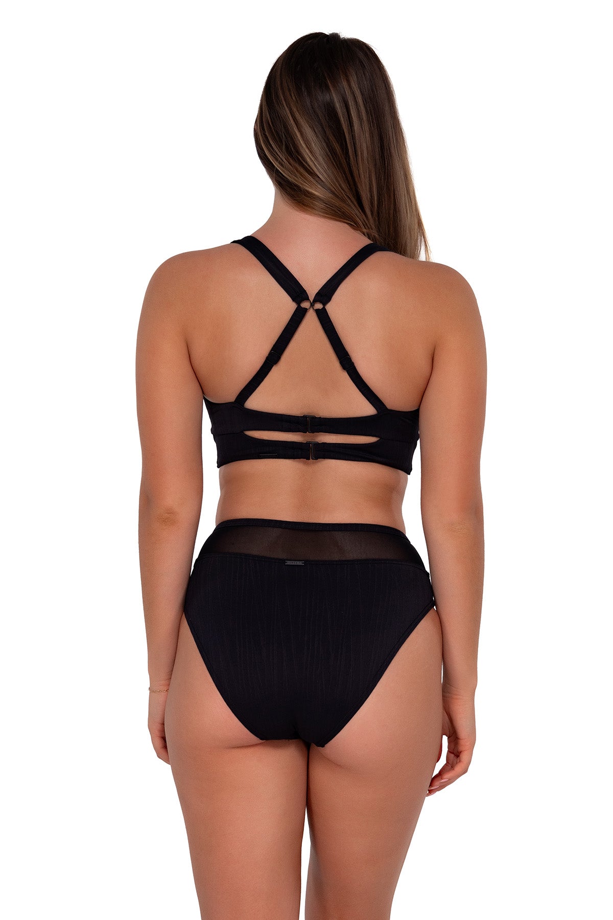 Back pose #1 of Taylor wearing Sunsets Black Seagrass Texture Danica Top showing crossback straps paired with Annie High Waist bikini bottom