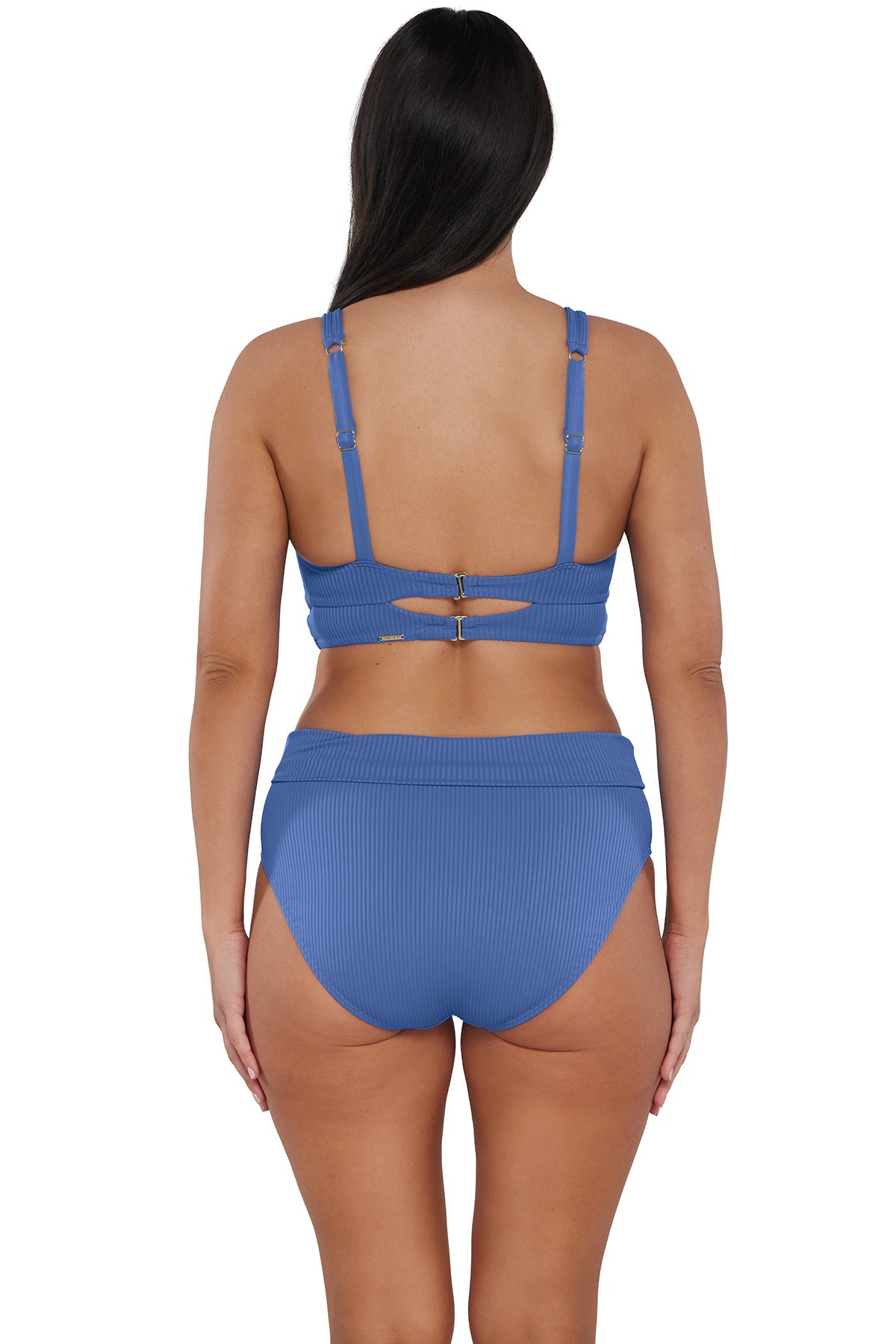 Back pose #1 of Nicki wearing Sunsets Harbor Blue Sandbar Rib Hannah High Waist Bottom showing folded waist paired with matching