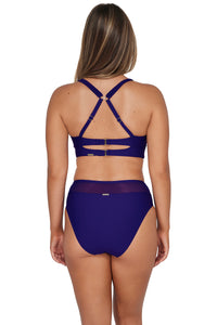 Back pose #1 of Taylor wearing Sunsets Indigo Danica Top showing crossback straps