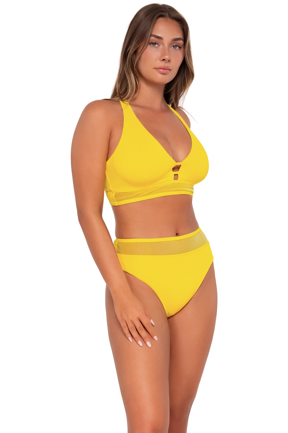 Side pose #1 of Taylor wearing Sunsets Lemon Zest Sandbar Rib Danica Top with matching Annie High Waist bikini