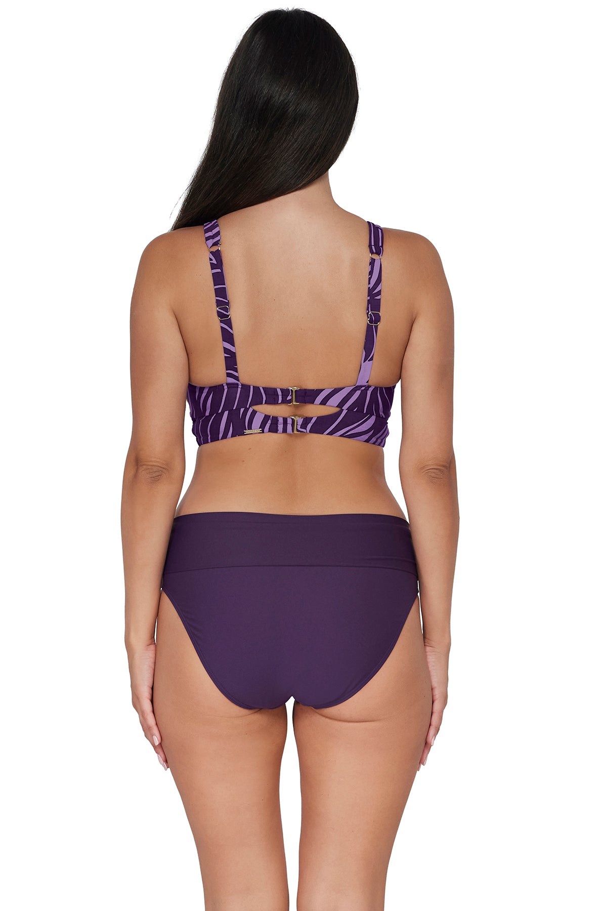 Back pose #2 of Nicki wearing Sunsets Mystic Palms Danica Top paired with coordinating Paradise Plum Hannah High Waist Bottom