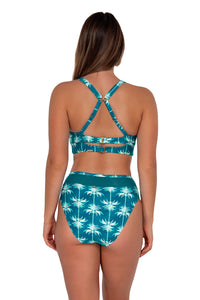 Back pose #1 of Taylor wearing Sunsets Palm Beach Danica Top showing crossback straps paired with Annie High Waist bikini bottom