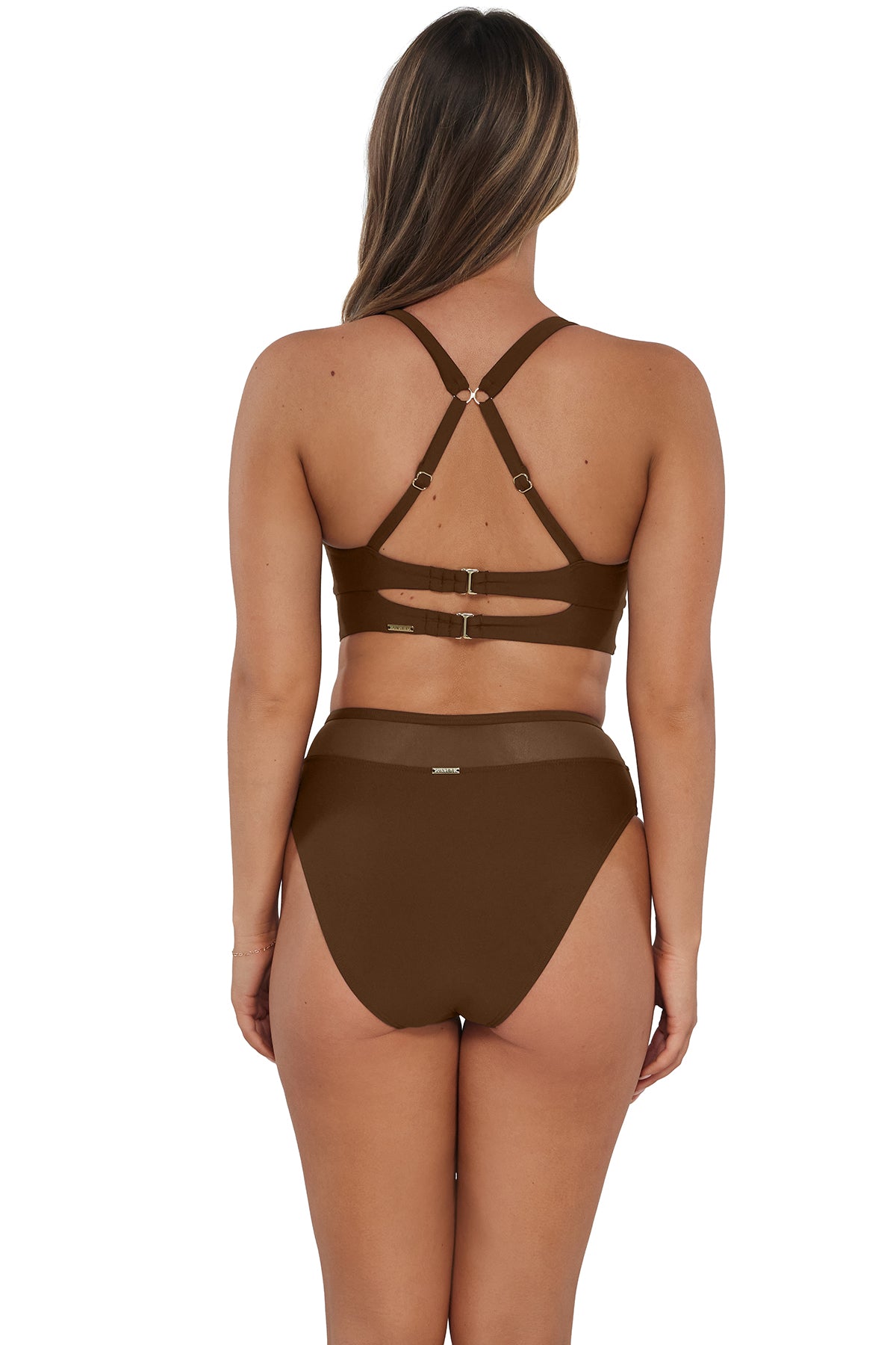 Back pose #1 of Taylor wearing Sunsets Tiki Brown Danica Top showing crossback straps