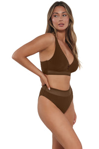 pose #2 of Taylor wearing Sunsets Tiki Brown Danica Top