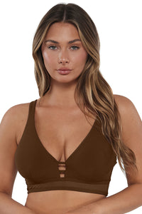 pose #1 of Taylor wearing Sunsets Tiki Brown Danica Top