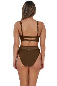 pose #1 of Taylor wearing Sunsets Tiki Brown Annie High Waist Bottom