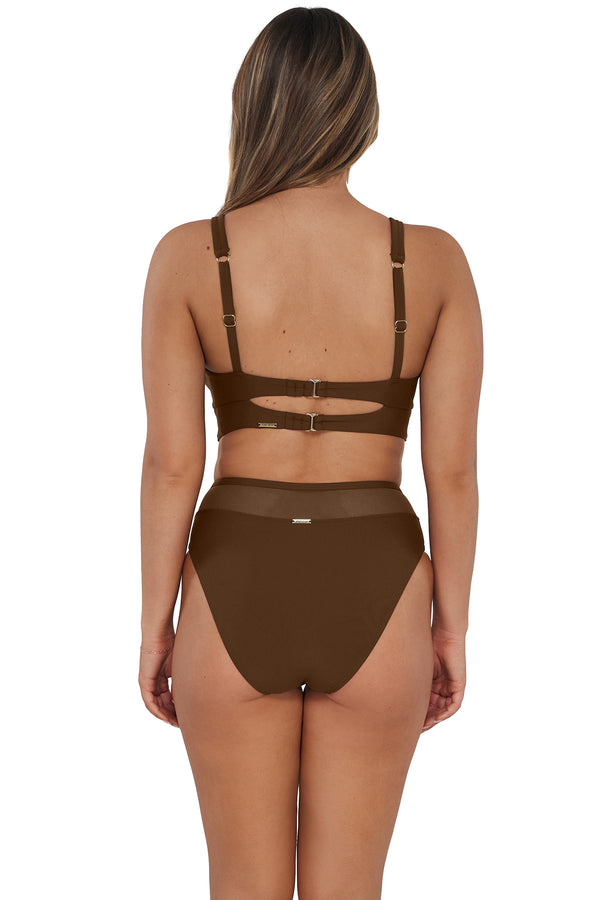 Back pose #1 of Taylor wearing Sunsets Tiki Brown Annie High Waist Bottom paired with matching