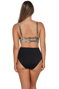 Back pose #1 of Taylor wearing Sunsets Venice Seagrass Texture Capri High Waist Bottom