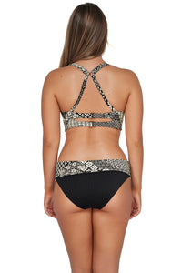 Back pose #1 of Taylor wearing Sunsets Venice Seagrass Texture Capri High Waist Bottom showing folded waist