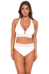 Front pose #1 of Taylor wearing Sunsets White Lily Annie High Waist Bottom with matching Danica Top bikini