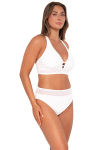 Side pose #2 of Taylor wearing Sunsets White Lily Annie High Waist Bottom with matching Danica Top bikini .