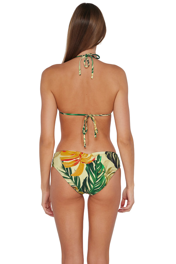 Back pose #1 of Daria wearing Sunsets Amber Oasis Alana Reversible Hipster Bottom paired with Laney Triangle Top