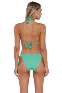 Back pose #1 of Jessica wearing Sunsets Aqua Mist Sandbar Rib Laney Triangle Top