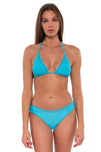 Front pose #2 of Daria wearing Sunsets Blue Bliss Laney Triangle Top with matching Audra Hipster bikini bottom