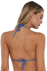 Back pose #1 of Jessica wearing Sunsets Harbor Blue Sandbar Rib Laney Triangle Top