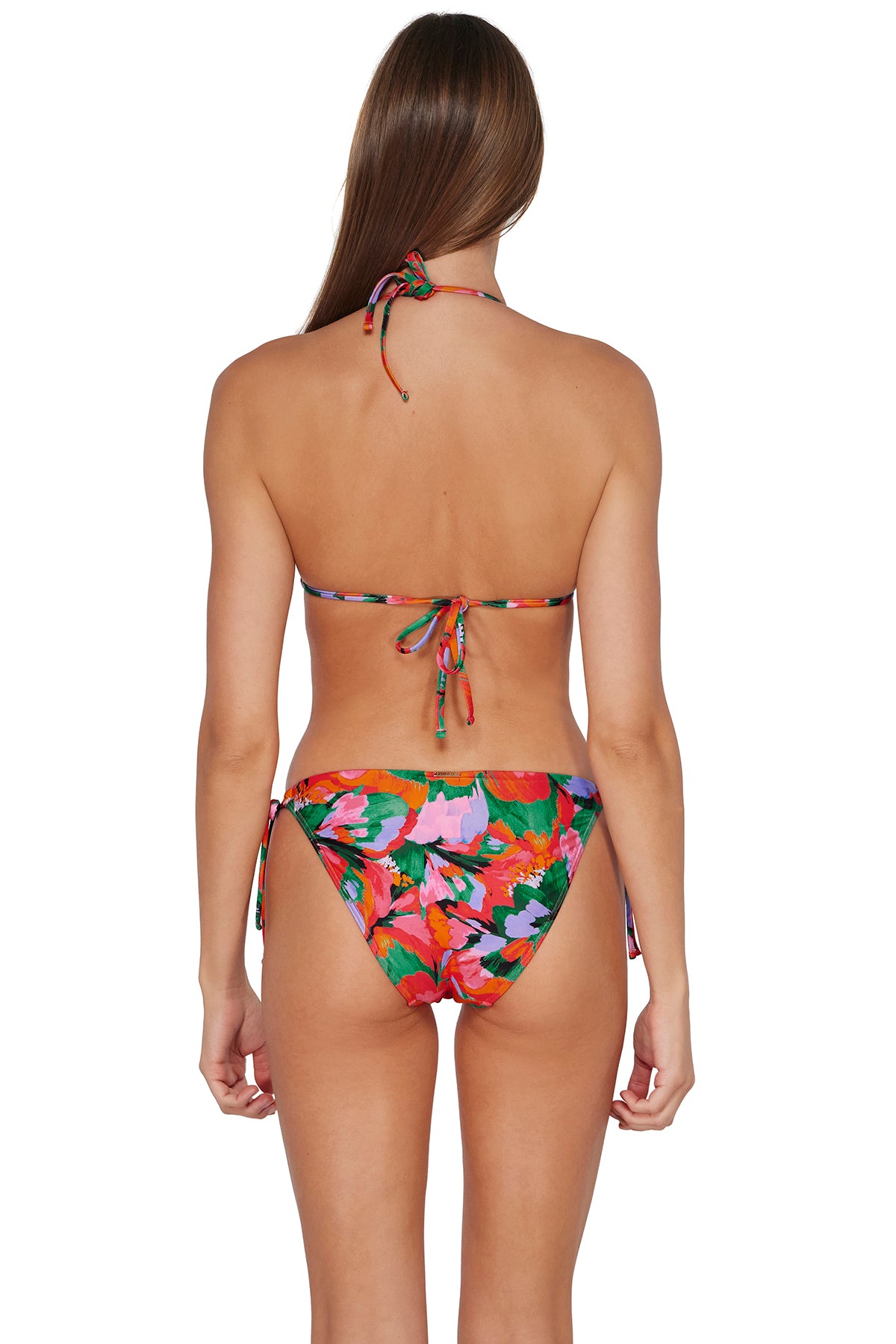 Back pose #1 of Daria wearing Sunsets Hummingbird Cove Everlee Tie Side Bottom paired with matching Laney Triangle Bikini Top