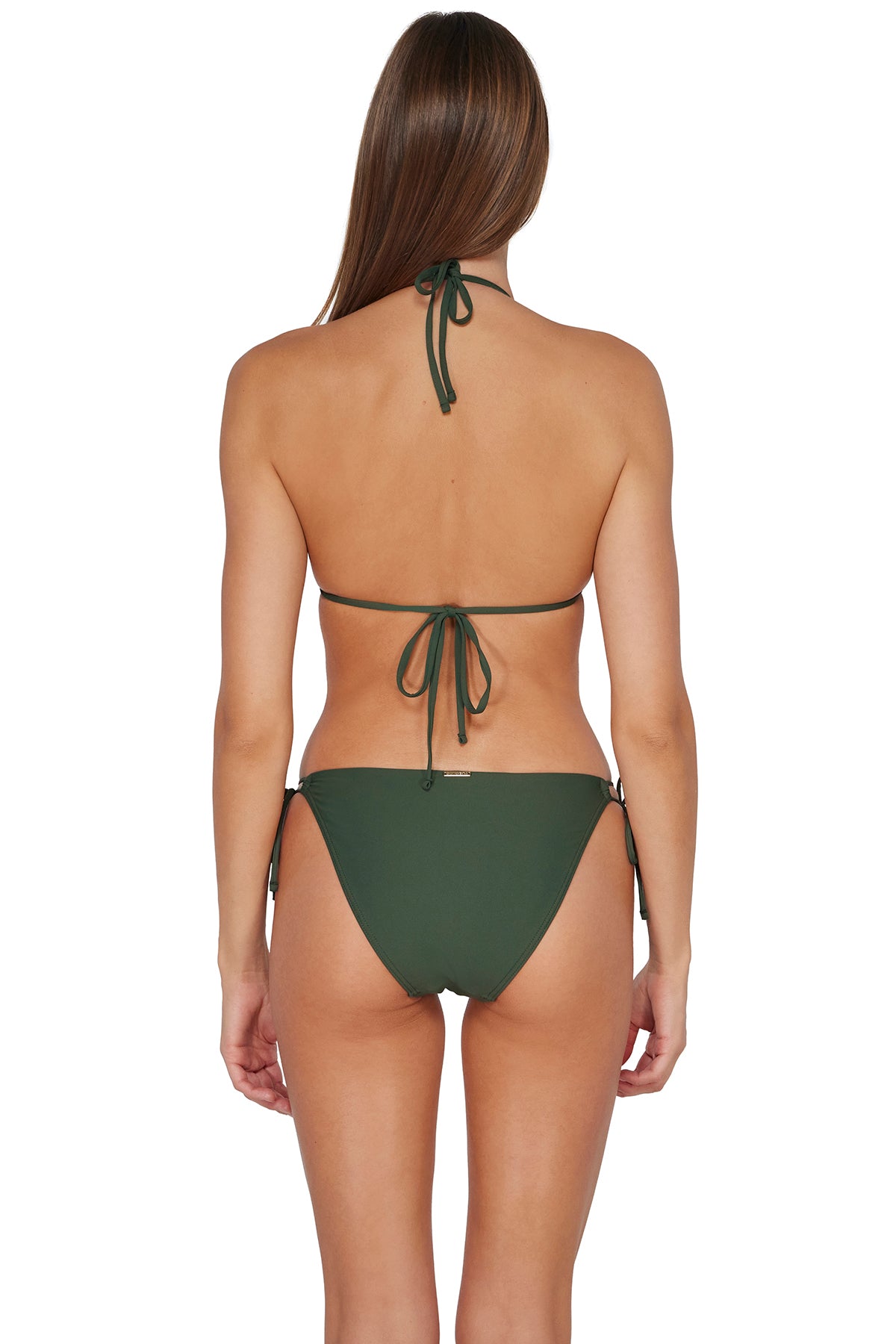 Back pose #1 of Daria wearing Sunsets Island Green Everlee Tie Side Bottom paired with matching Laney Triangle Top