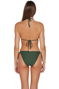 Back pose #1 of Daria wearing Sunsets Island Green Laney Triangle Top paired with matching Everlee Tie Side Bottom